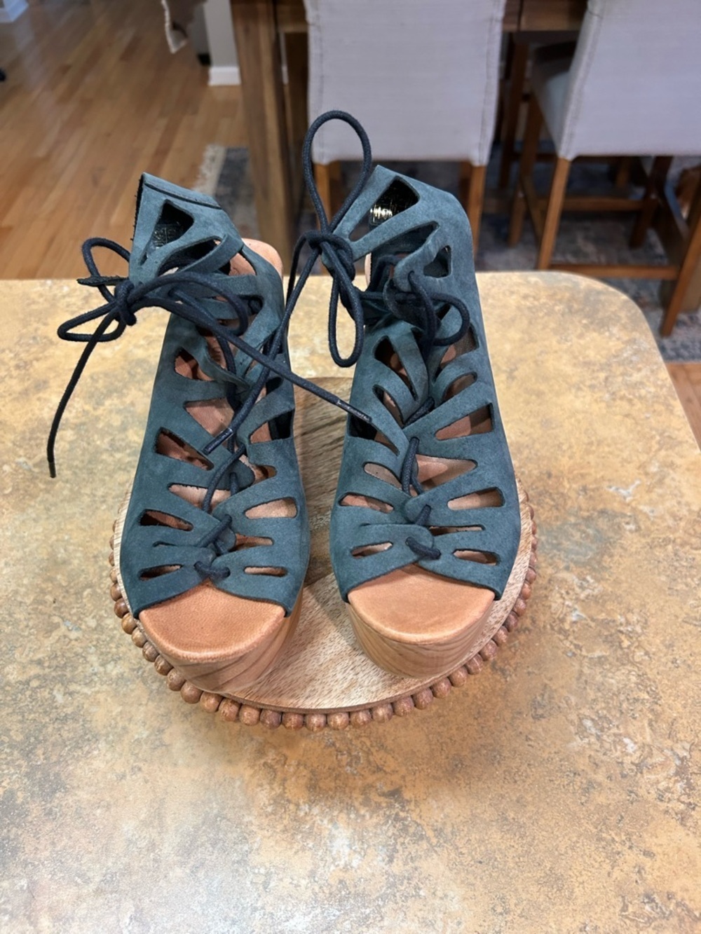Muse & Cloud Oneka Lace-Up Cutout Suede Retro Wood Platform Sandals